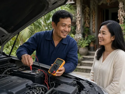 Mekanik mengecek tegangan aki dengan multimeter sambil menjelaskan hasilnya kepada pelanggan