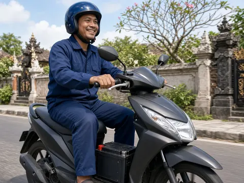 Mekanik Aki Bali naik motor membawa aki baru menuju lokasi pelanggan di jalan Denpasar
