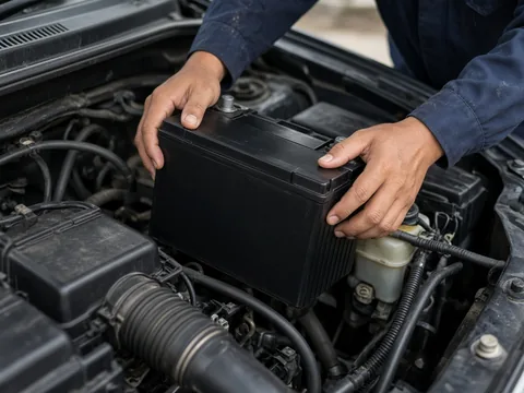 Tangan mekanik mengencangkan terminal aki baru di ruang mesin mobil