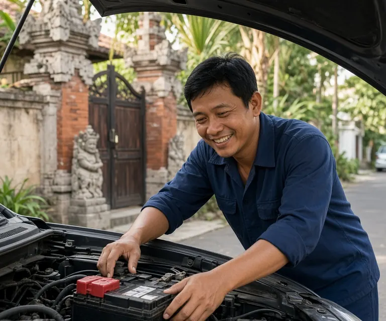 Mekanik Aki Bali berseragam biru tersenyum sambil mengganti aki mobil di depan rumah pelanggan di Bali